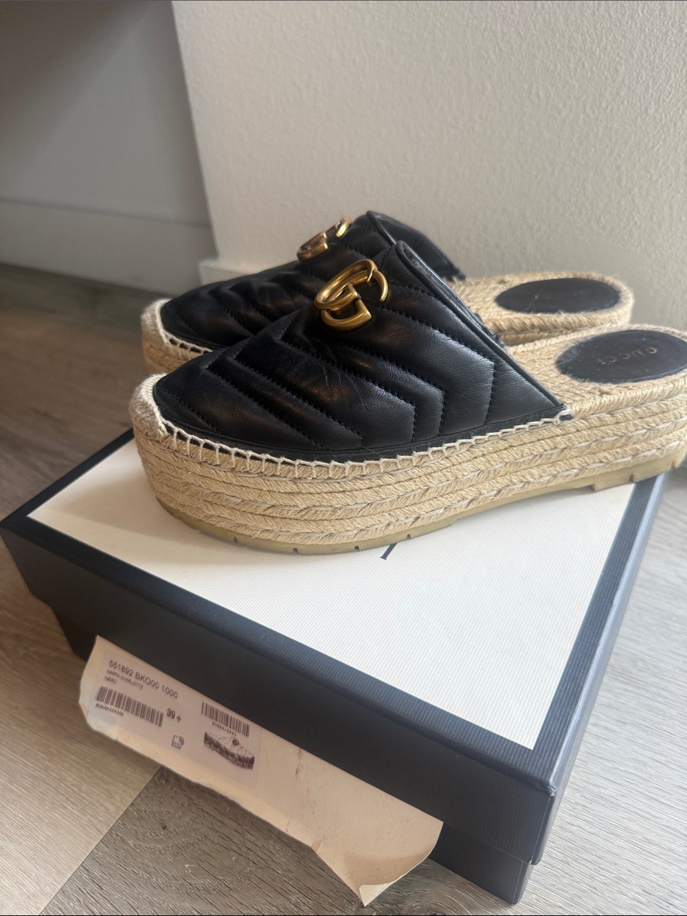 Black Quilted Gucci Leather Espadrille Platform Mules with Gold Hardware